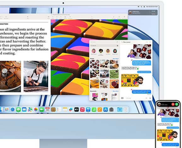 Ein iMac neben einem iPhone zeigt das Integration Feature, indem ein Gespräch mit Textnachrichten und Fotos zwischen dem iPhone und dem iMac geteilt werden.