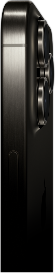 Seitenansicht eines iPhone 15 Pro Max, die das Design aus Titan und den Ein‑/Ausschalter zeigt