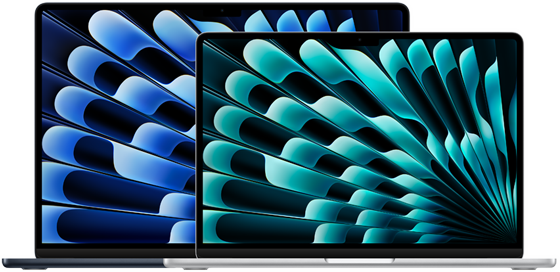 Vorderansicht der 13" und 15" MacBook Air Modelle, die die Displaygrößen (diagonal gemessen) zeigt
