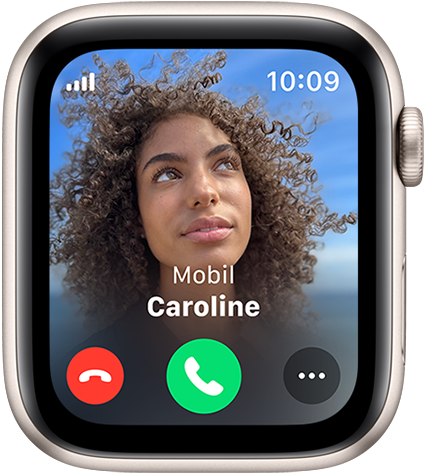 Apple Watch SE mit einem eingehenden Anruf mit dem Bild und Namen der Anruferin.